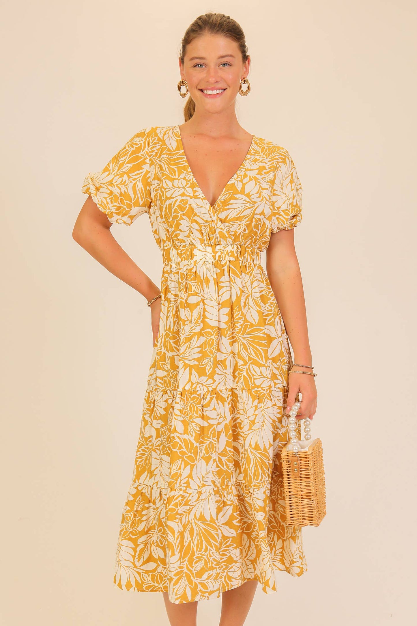 Mustard Floral Puff Sleeve Midi Dress