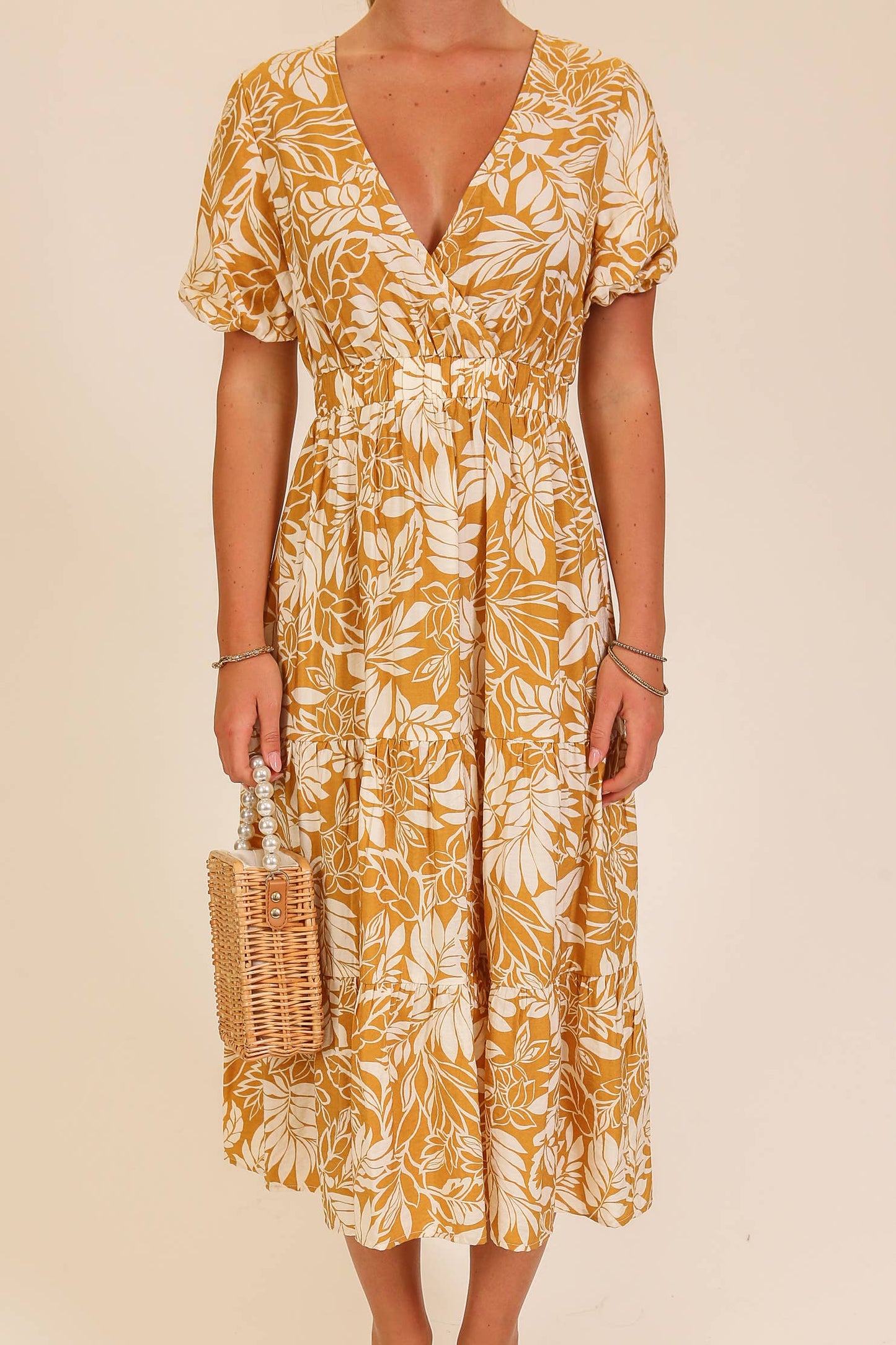 Mustard Floral Puff Sleeve Midi Dress