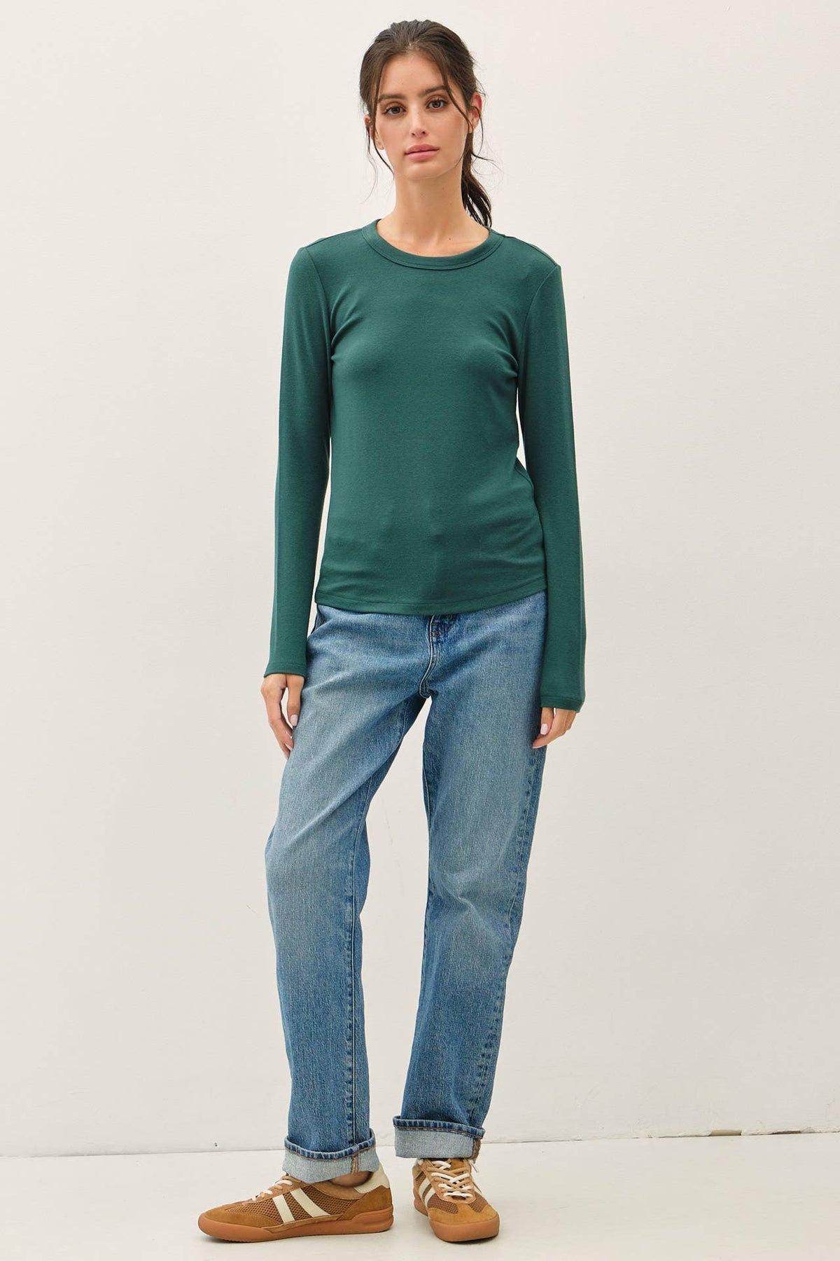 FOREST GREEN ROUND NECK LONG SLEEVE KNIT TOP