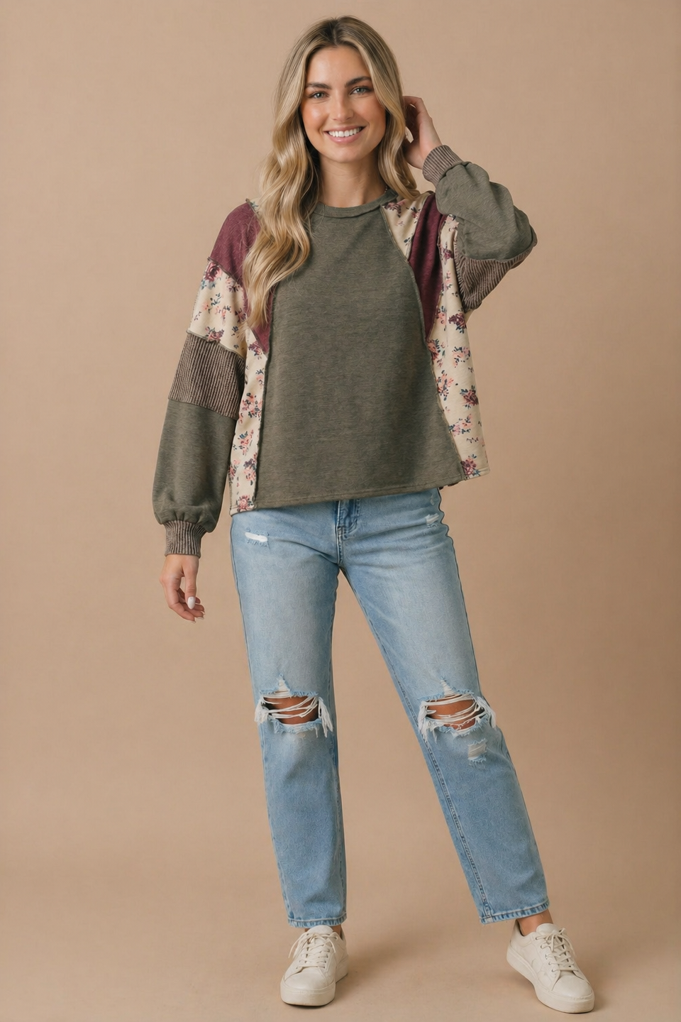 Olive Mixed Media Patchwork Pullover Knit Top
