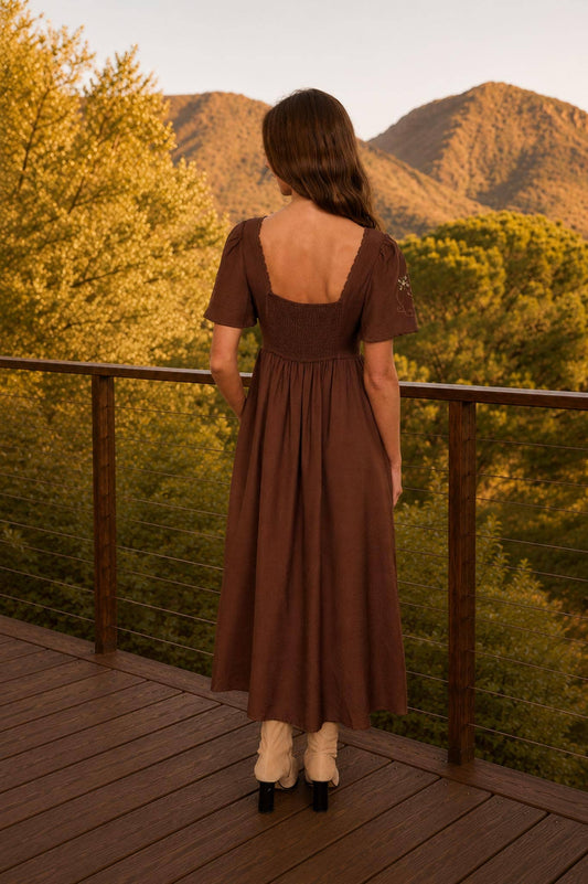 Chocolate Brown Embroidered Bell Sleeve Midi Dress