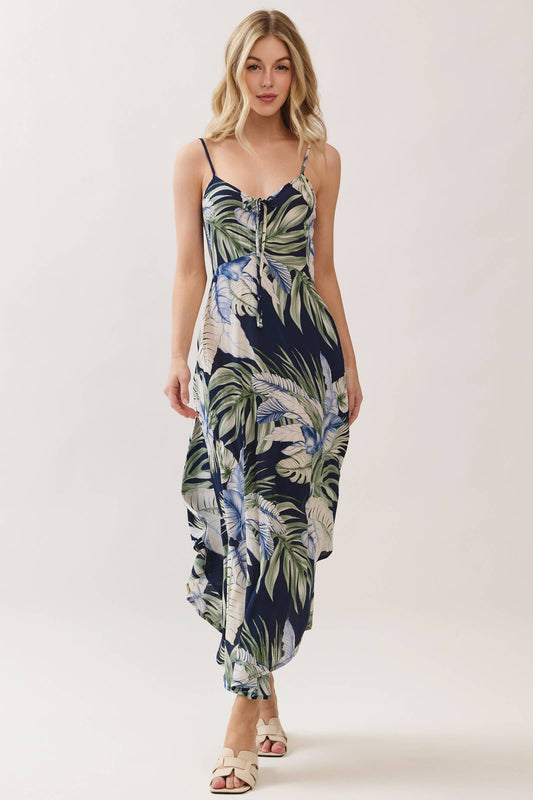 Navy Tropical Chest Ruched Midi Dress