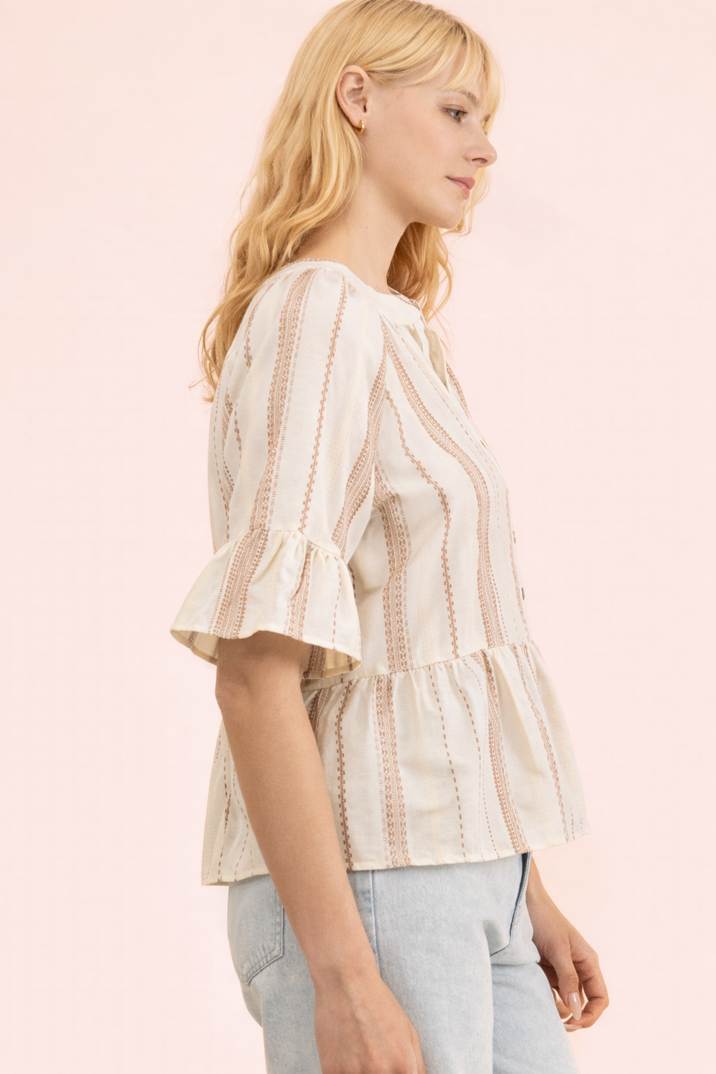 Mocha Striped Half Bell Sleeve Blouse Top