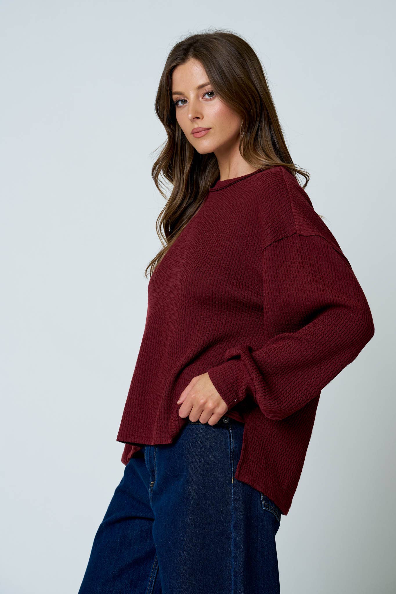 Burgundy - Textured Exposed Seam Oversized Knit Top
