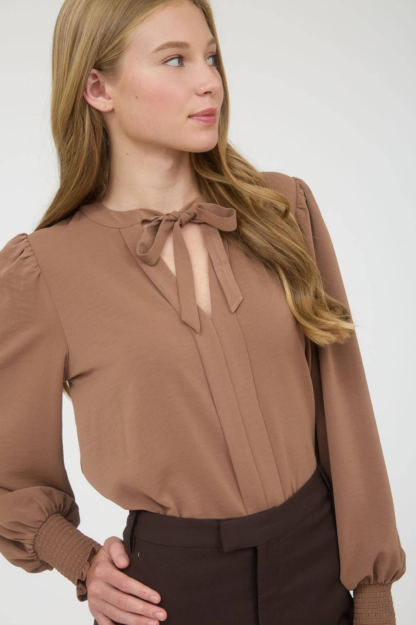 Almond Necktie Smock Cuffed Blouse