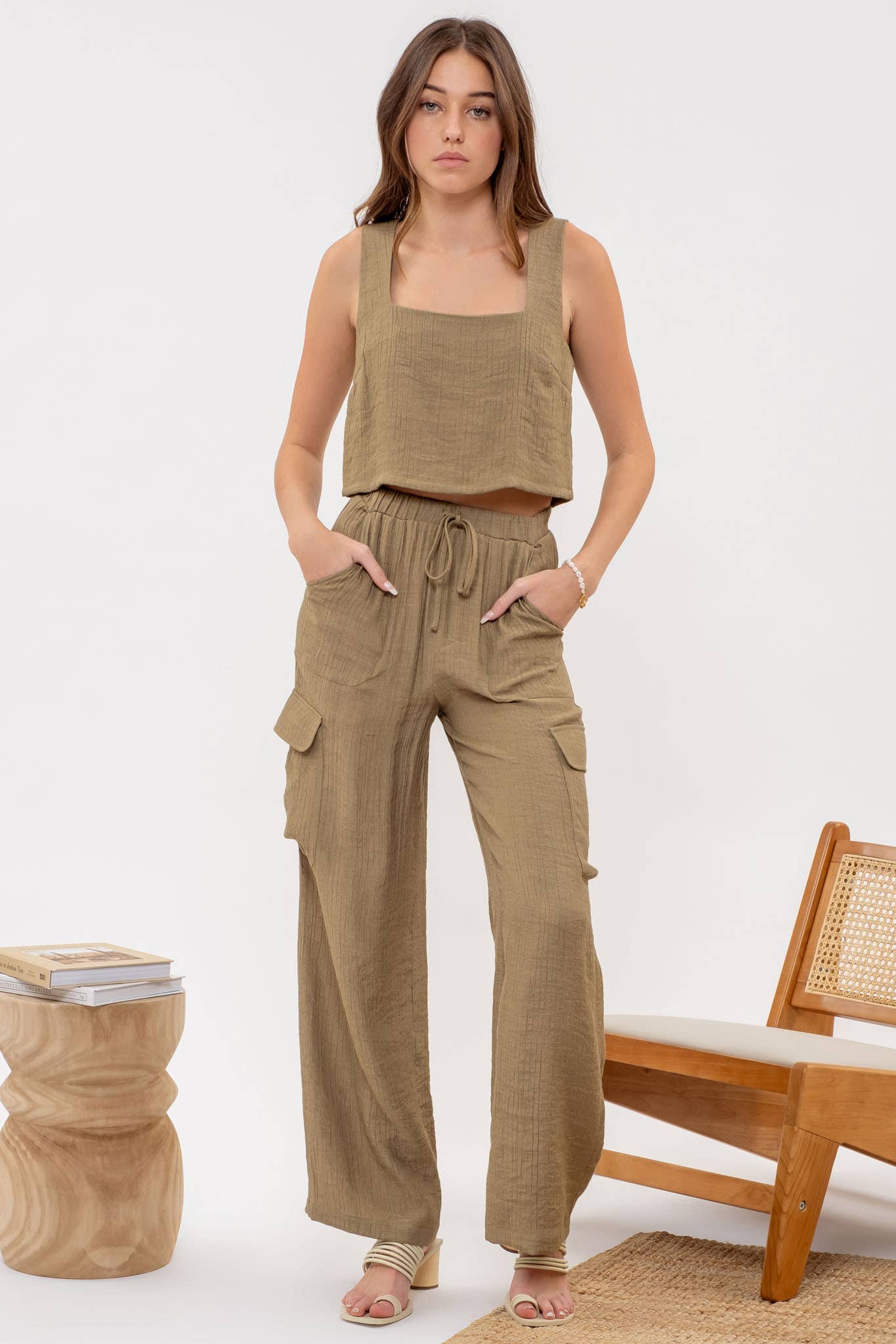 Olive Wide Leg Cargo Pants