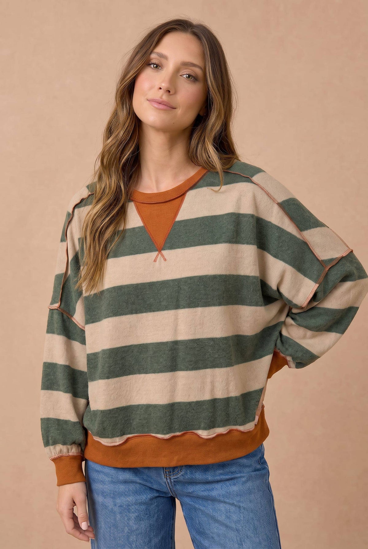 Olive / Rust Striped Color Block Hacci Pullover Top