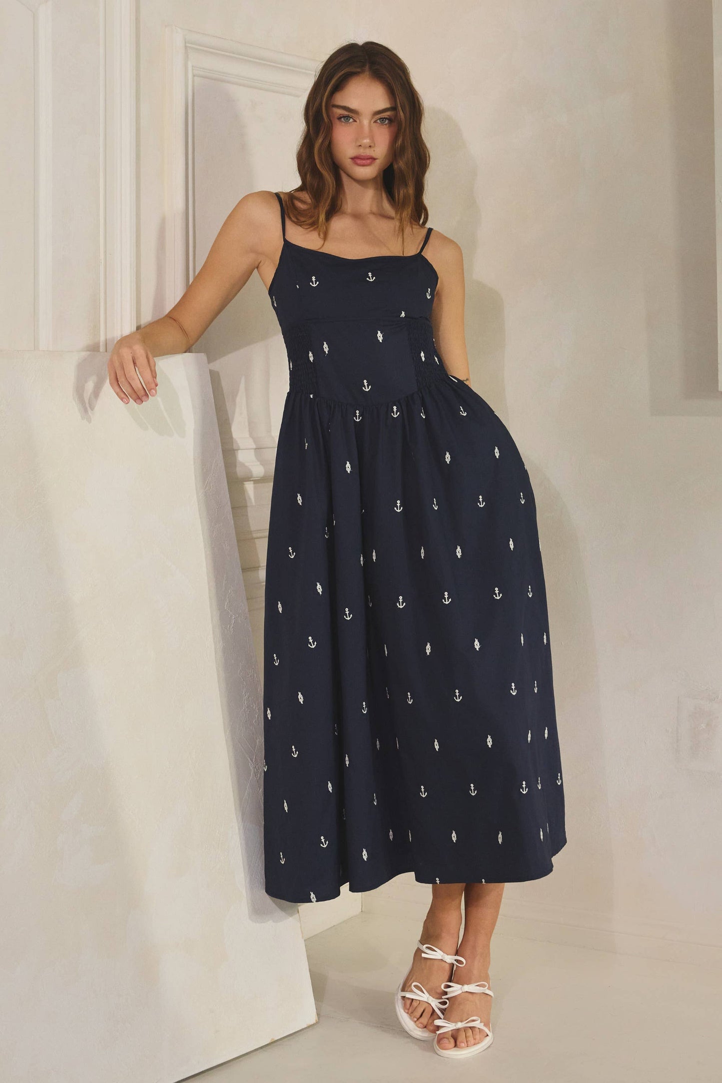 Embroidered Anchor Smocked Maxi Dress