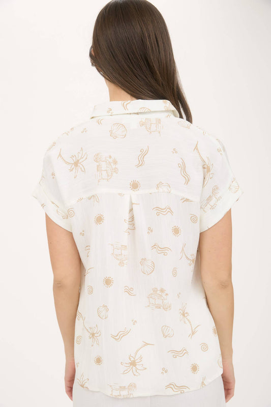 Natural Beachy Print Collared Blouse
