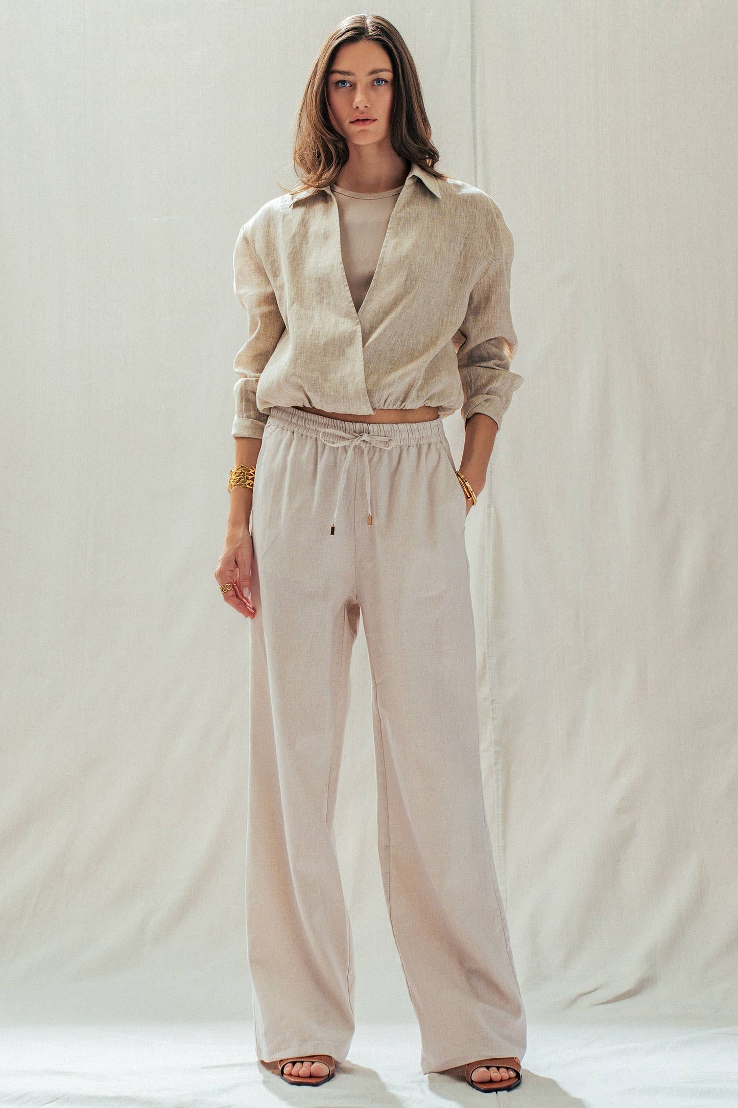 Natural Linen Blend Wide Leg Drawstring Pants