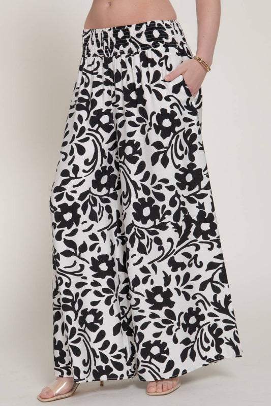 Black & White Smocked Woven Print Pants
