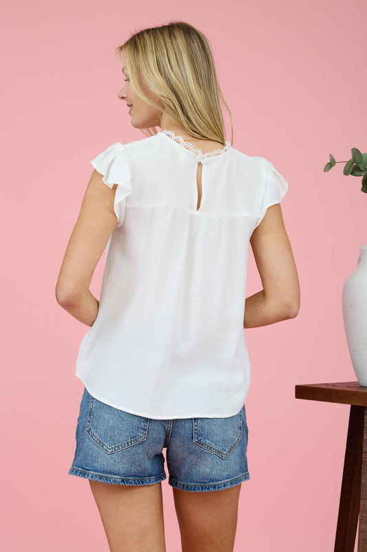 WHITE LACE PANEL RUFFLE SLEEVE BLOUSE