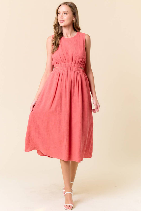 Coral Cut Out Waist Dress with pockets