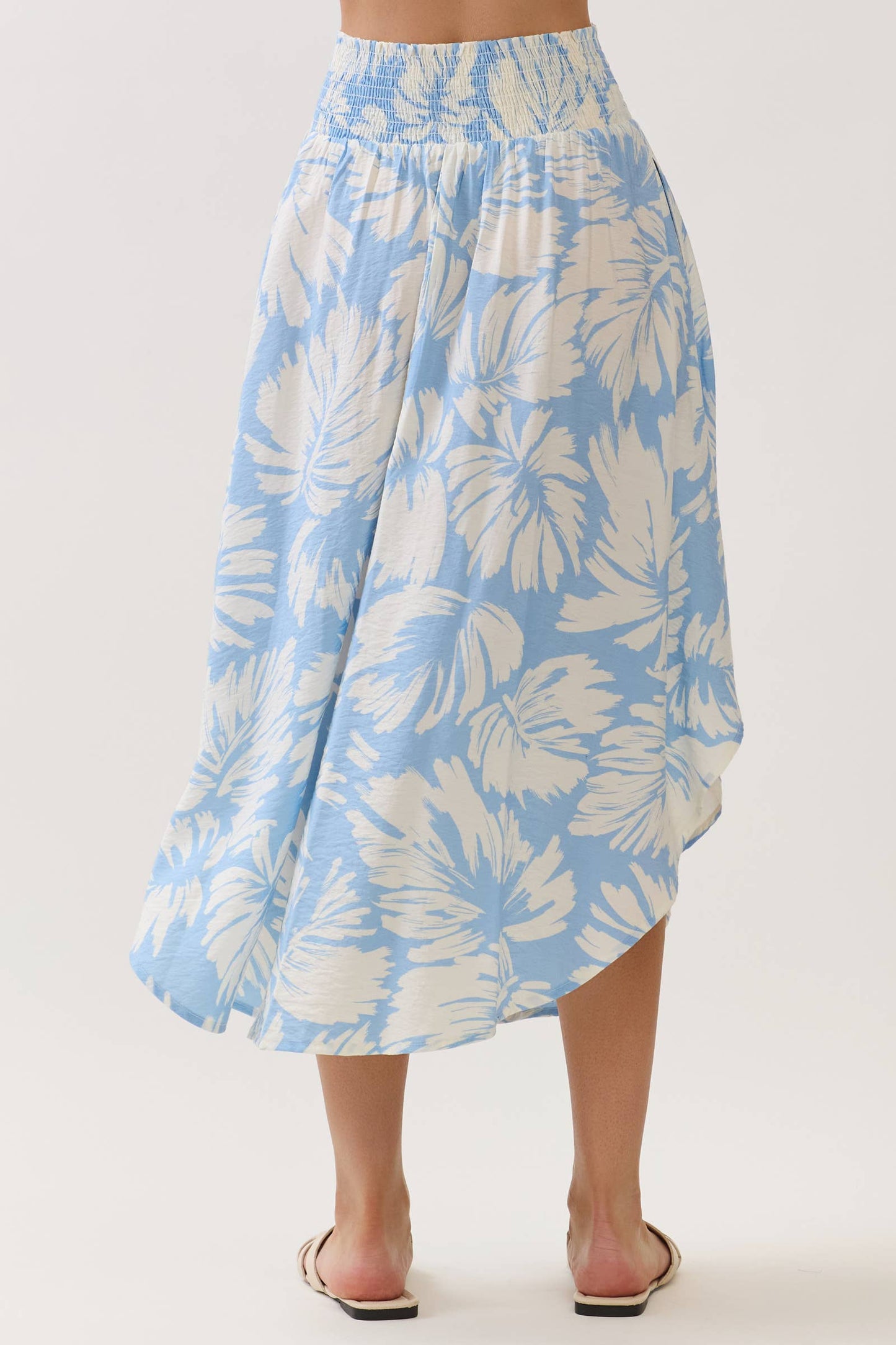 Light Blue Floral Waist Smocked Round Bottom Midi Skirt