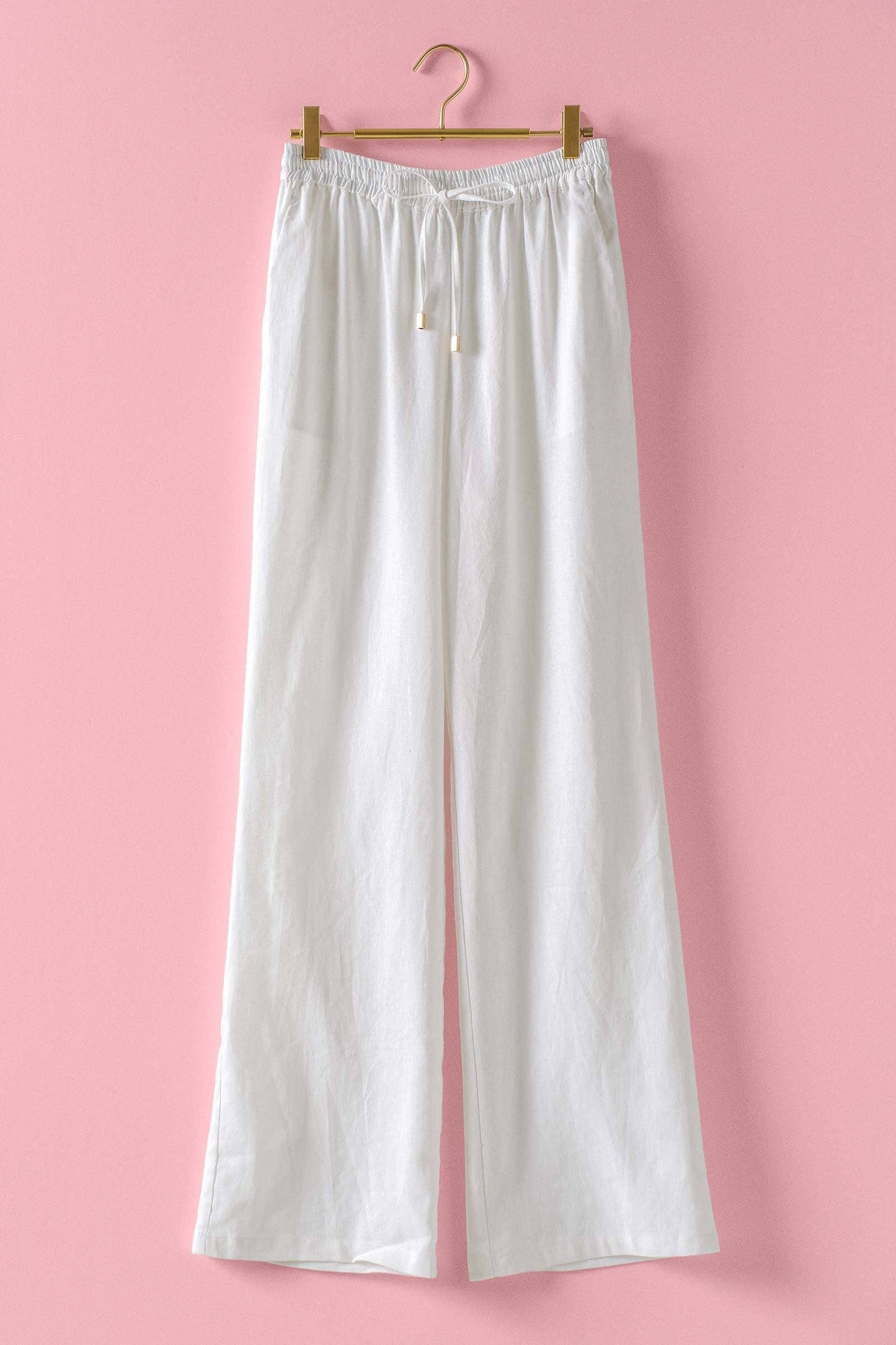 White Linen Blend Wide Leg Drawstring Pants