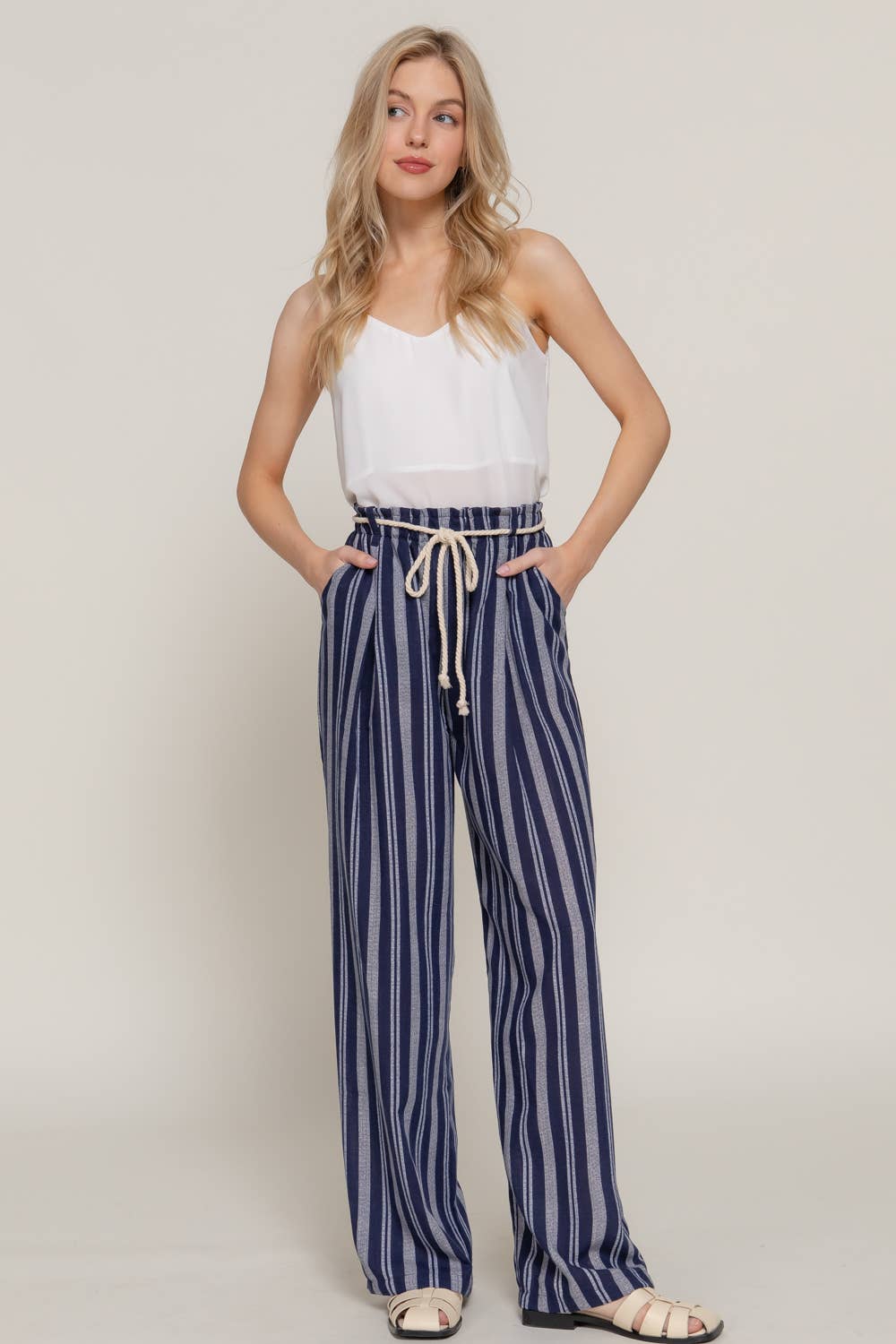 Olive Robe Belt Striped Linen Pants
