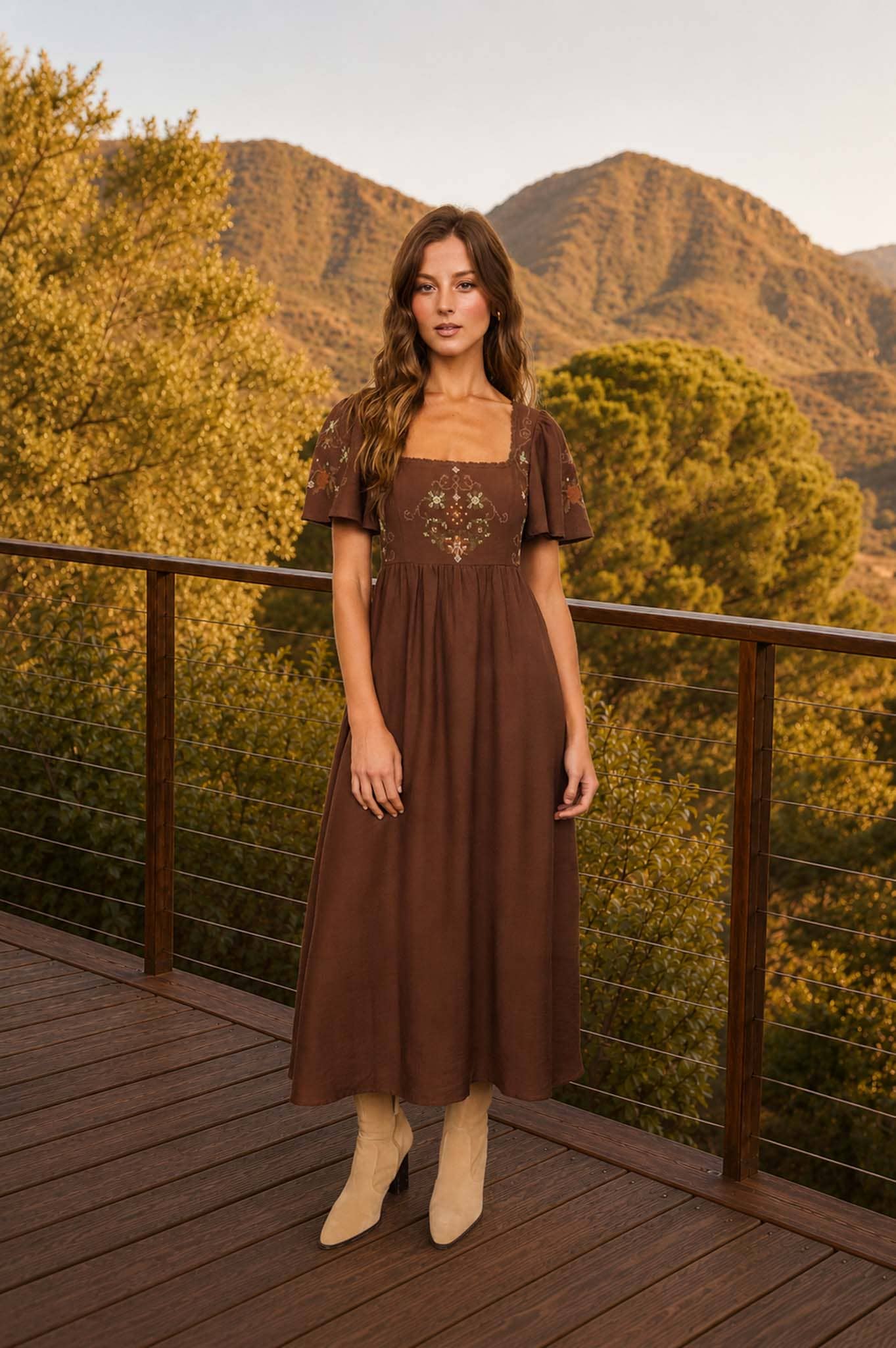 Chocolate Brown Embroidered Bell Sleeve Midi Dress