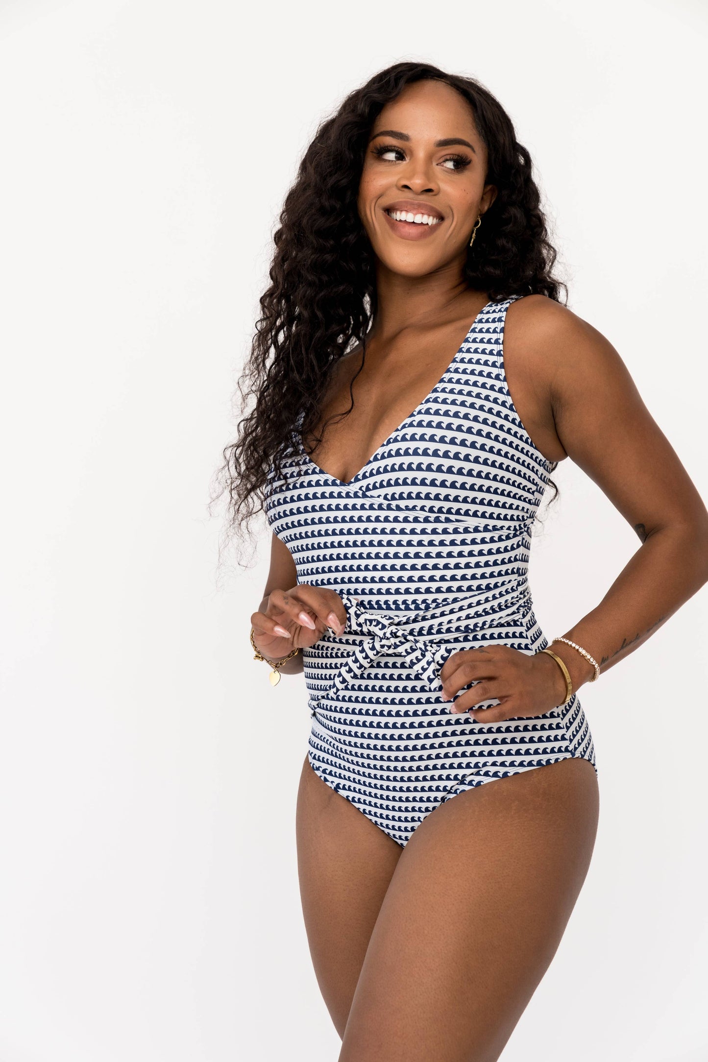 Navy Seaside Wave Front Wrap One Piece Swimsuit