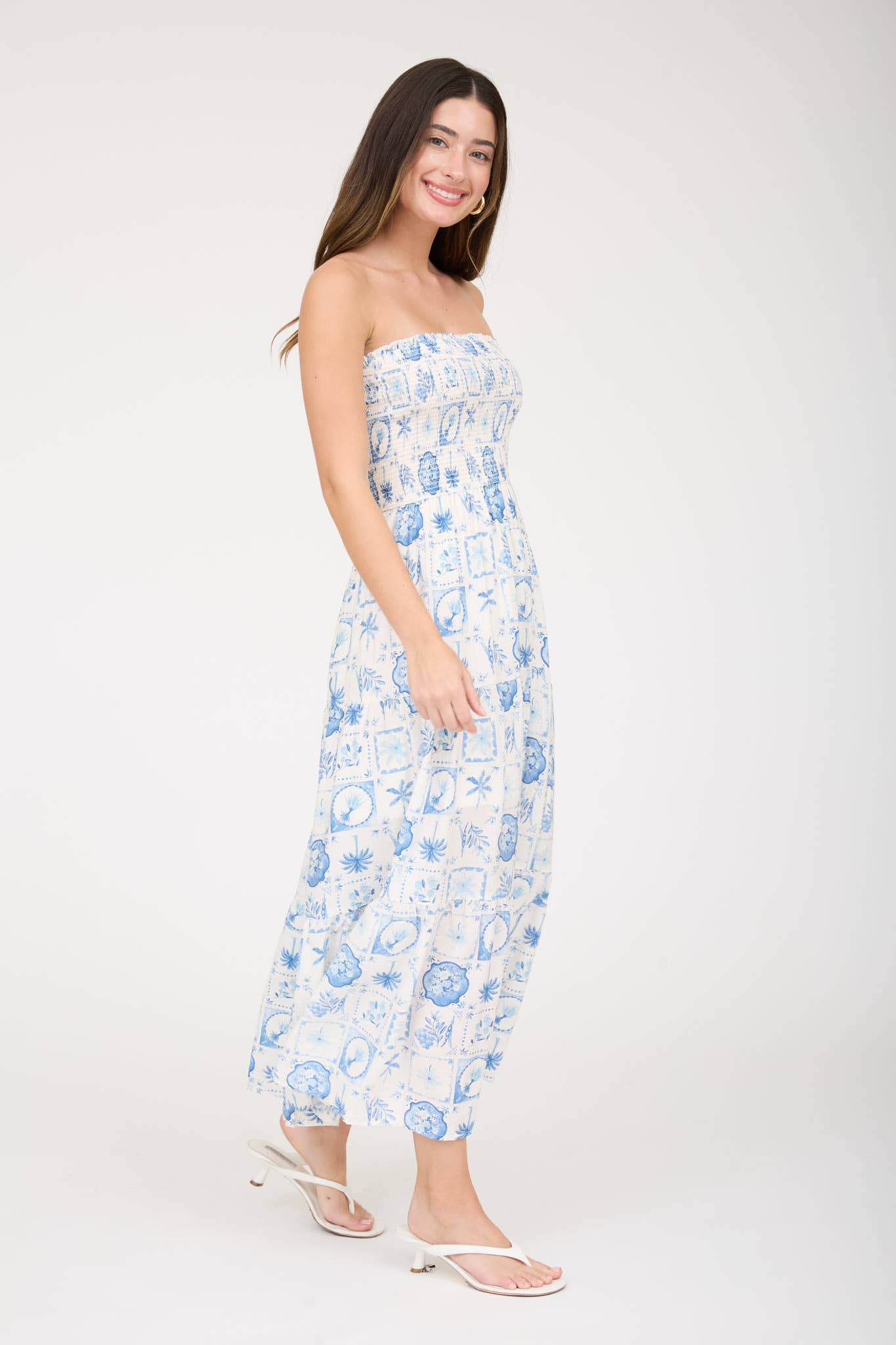Light Blue Plant Aesthetic Strapless Midi Dress
