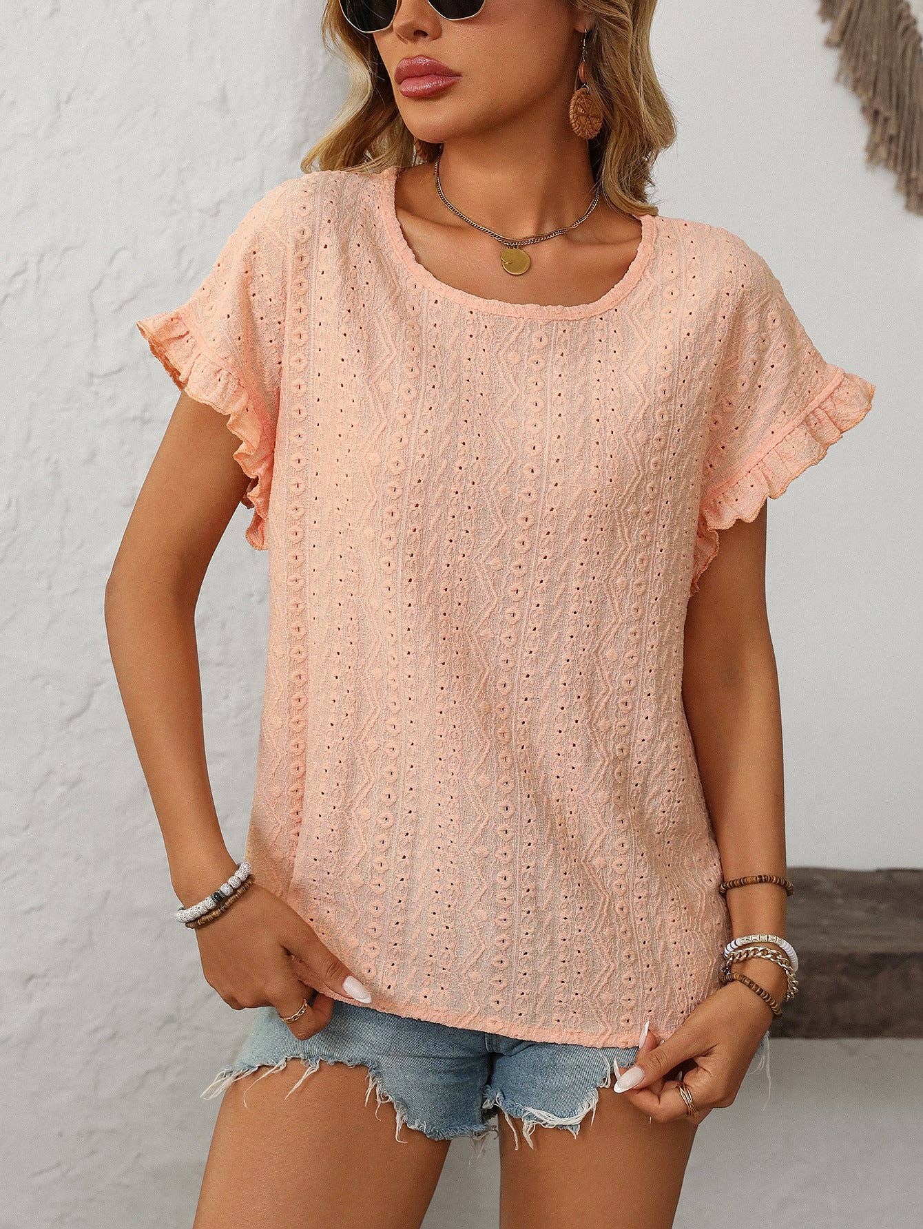 Coral Crew Neck Ruffle Sleeve Top