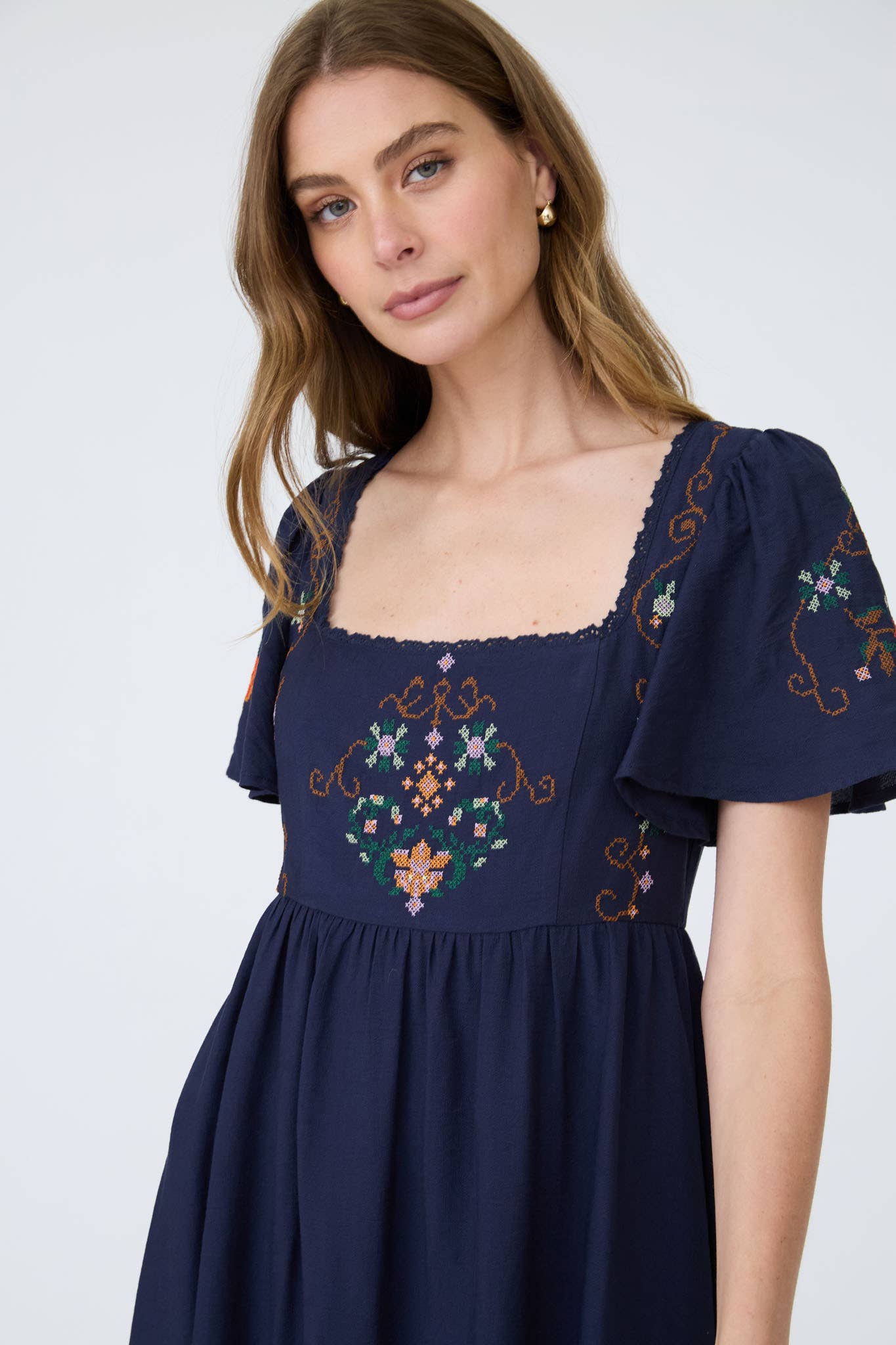 Chocolate Brown Embroidered Bell Sleeve Midi Dress