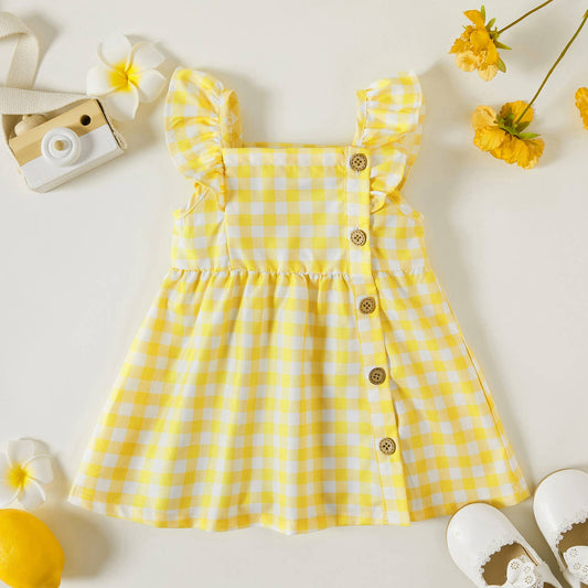 Lemon Checkered Girls Dress