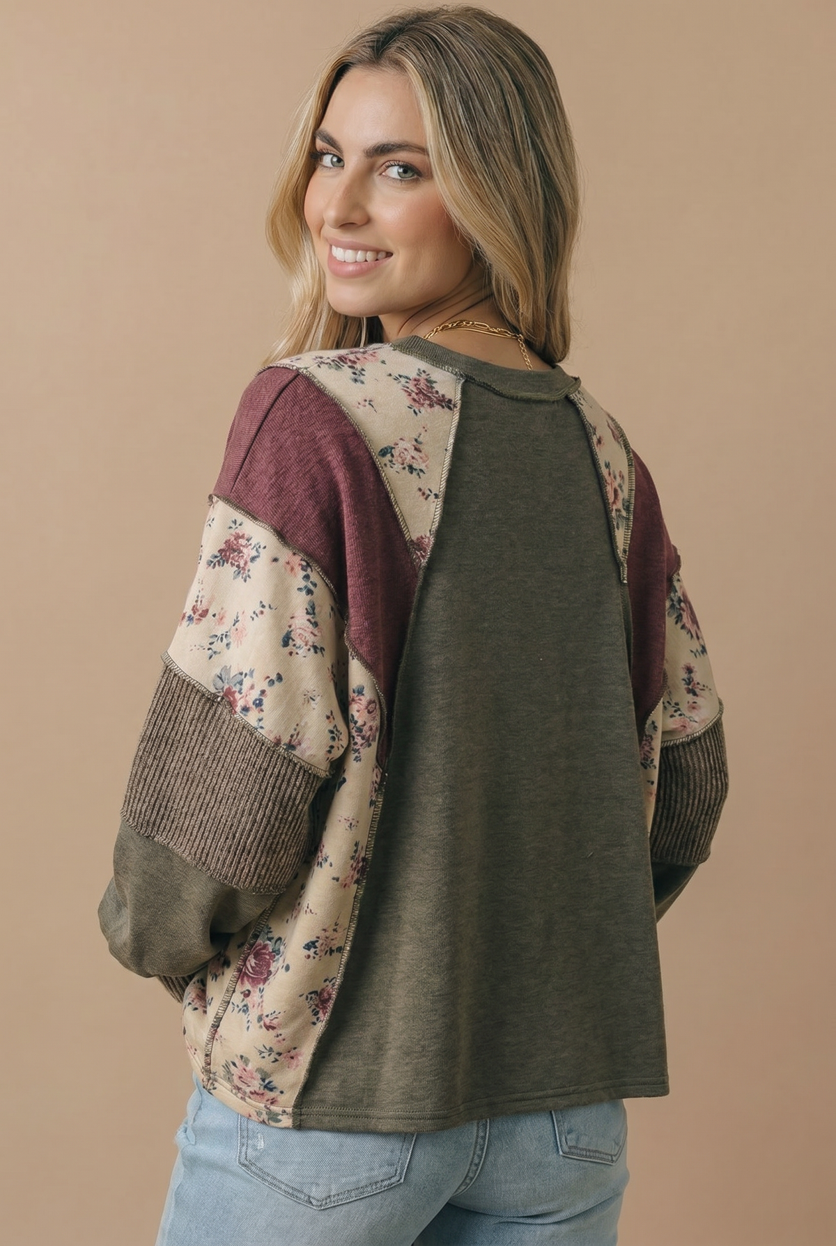 Olive Mixed Media Patchwork Pullover Knit Top