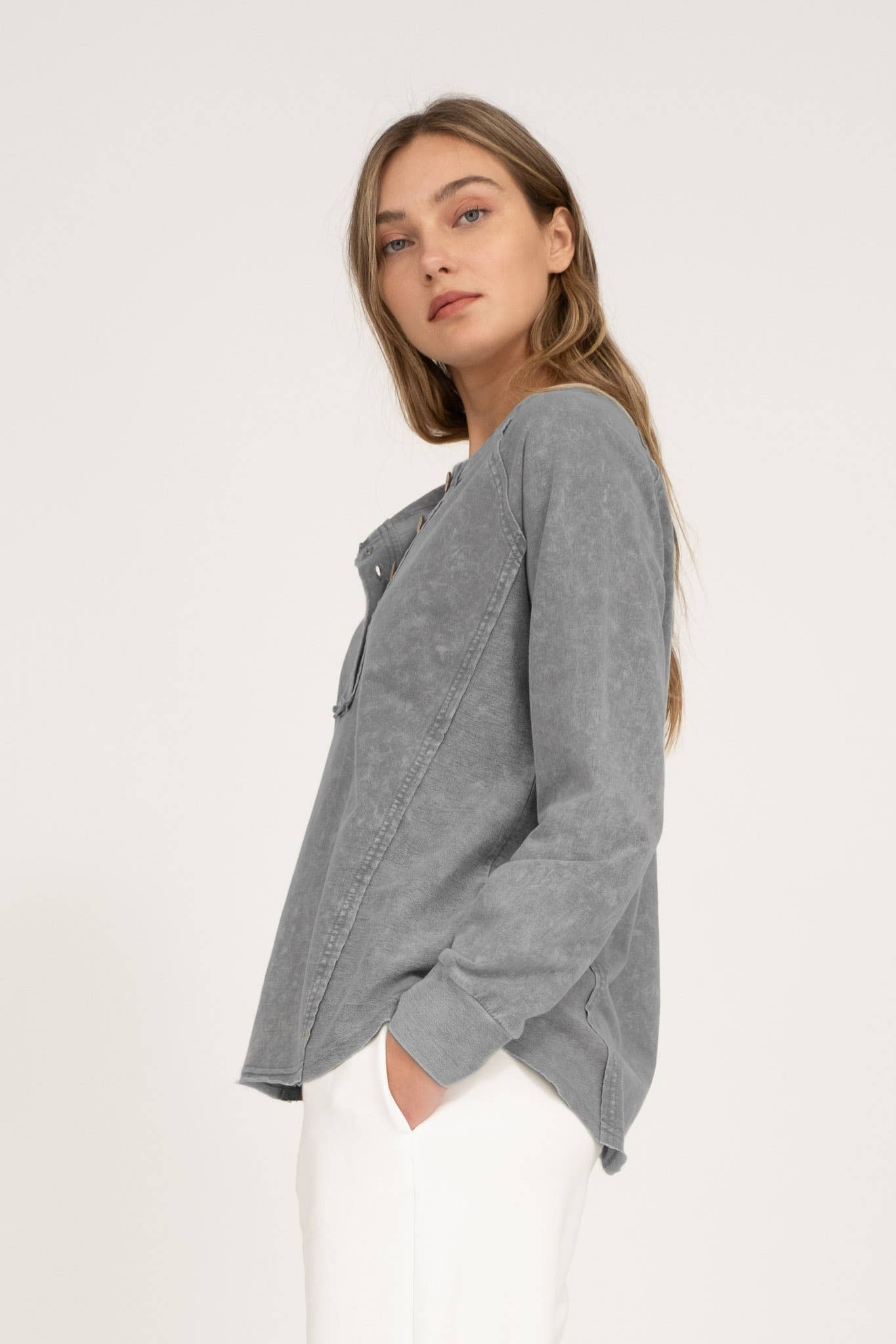 Charcoal Washed Henley Raglan Top