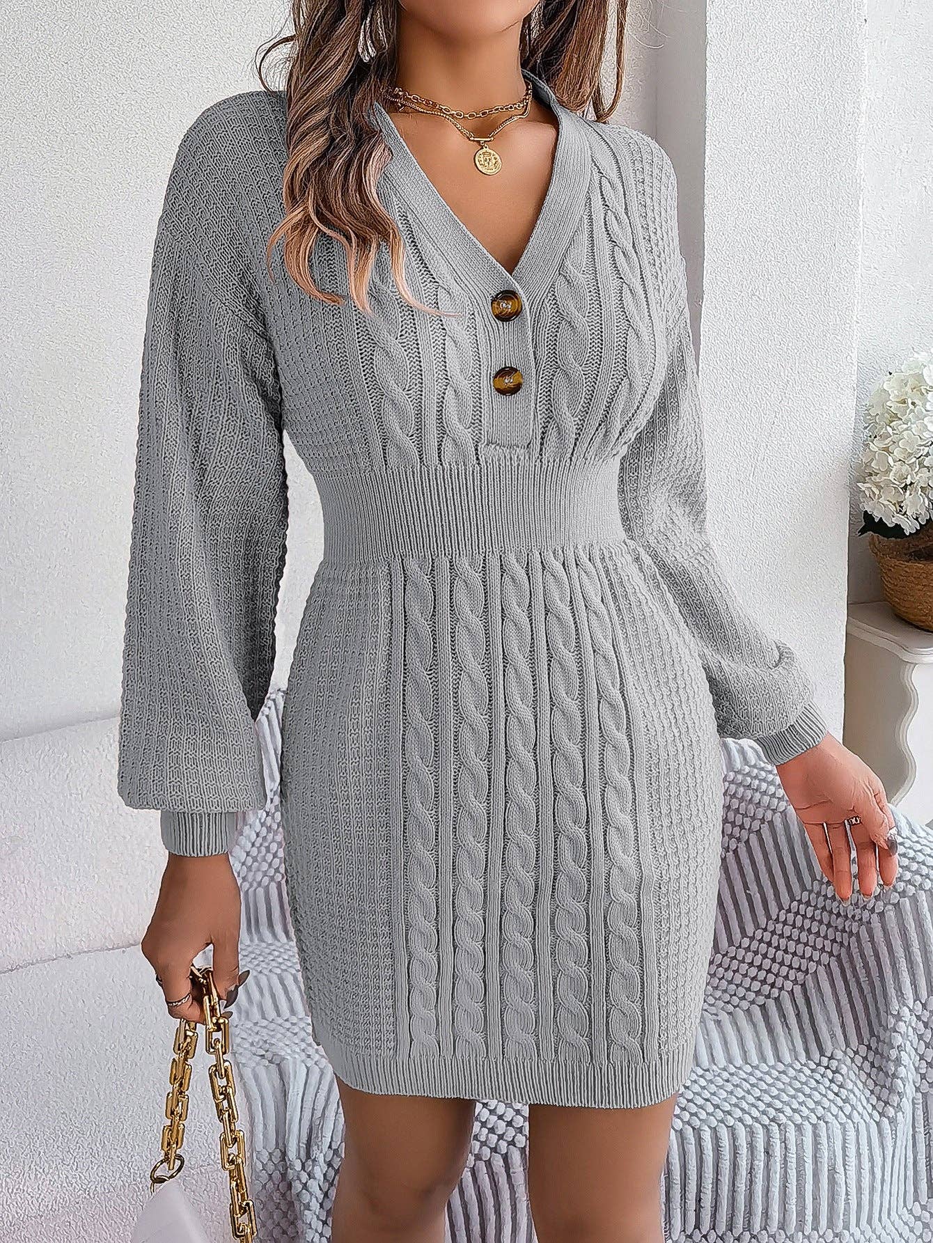 V-Neck Button Down Cable Knit Sweater Dress