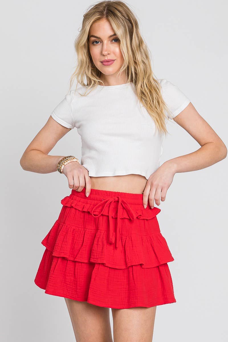 WASHED COTTON GAUZE RUFFLE SKORT