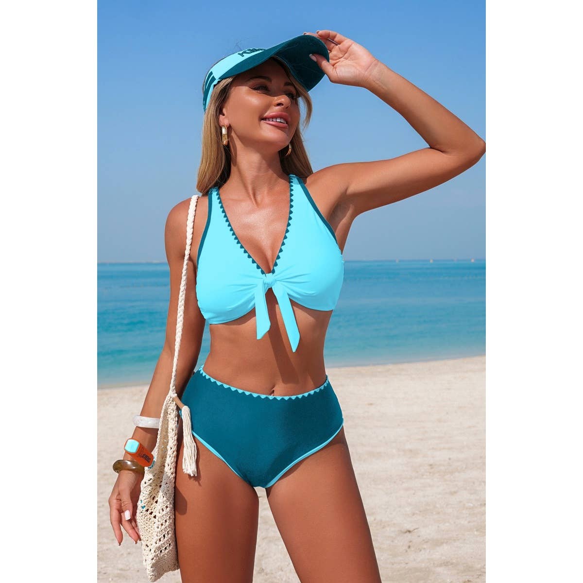 Teal Two Piece Tie Knot Contrast High Waisted Bikini
