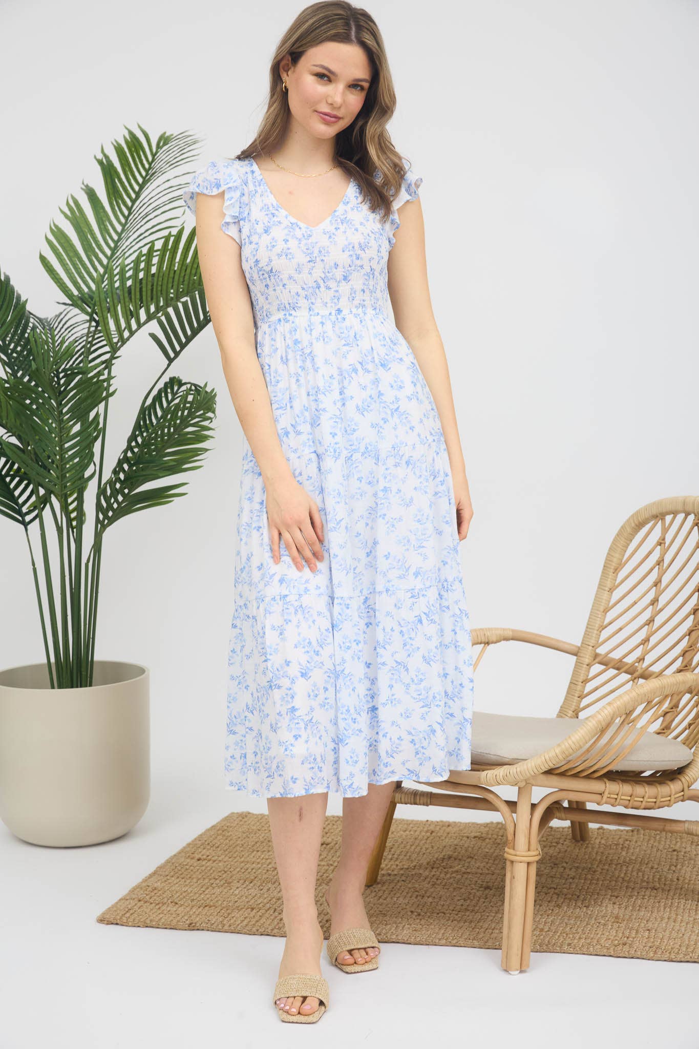 BLUE FLORAL V NECK SMOCKED MIDI DRESS