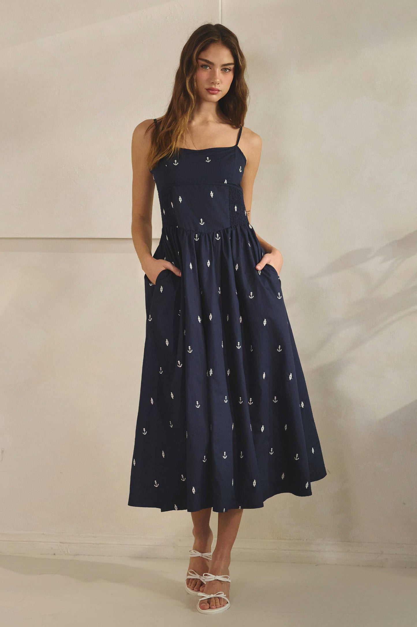 Embroidered Anchor Smocked Maxi Dress