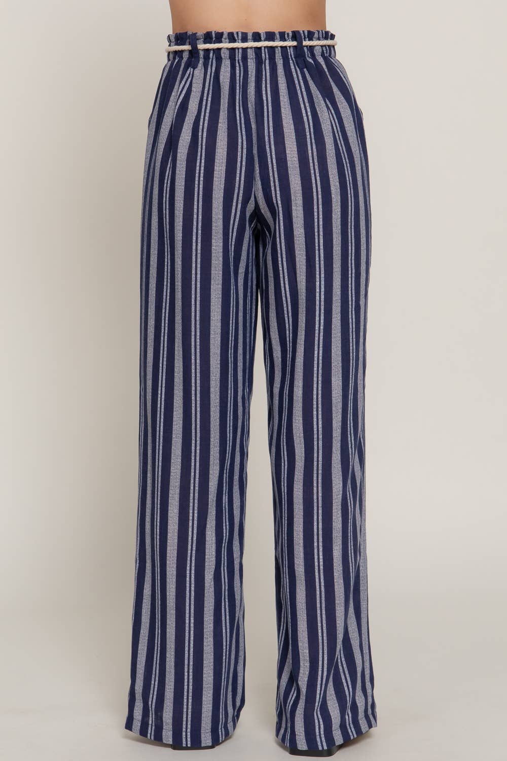 Navy Rope Belted Stripe Linen Pants