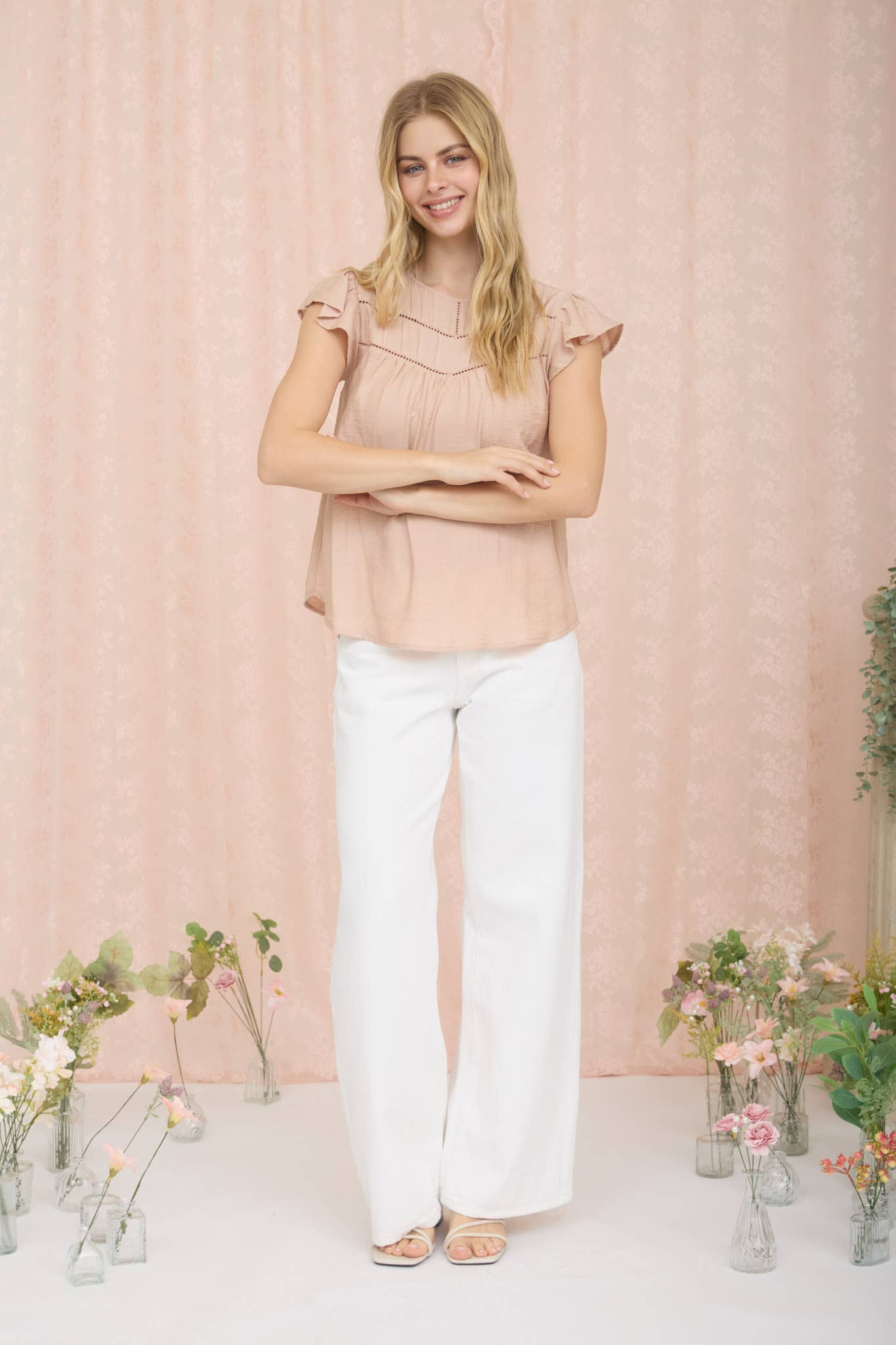 Blush Front Lace Detail Flounce Top