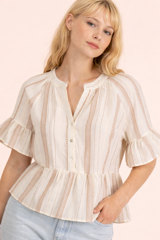 Mocha Striped Half Bell Sleeve Blouse Top