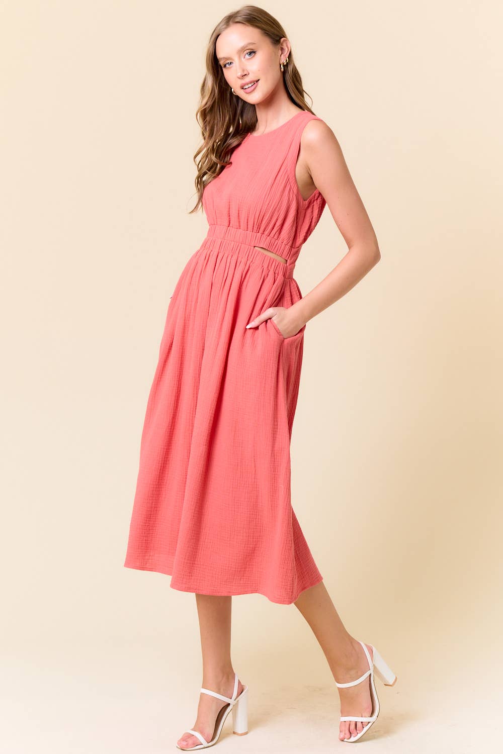 Coral Cut Out Waist Dress with pockets