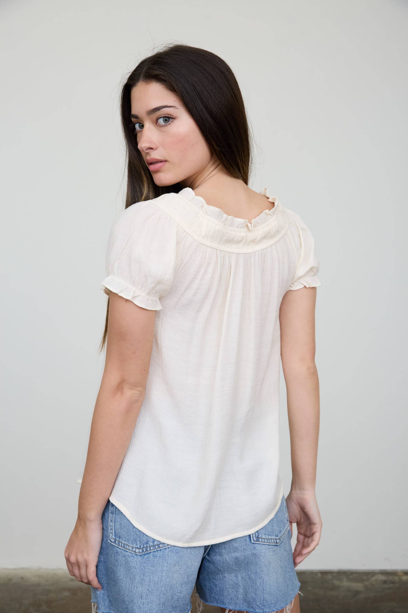 Cream Ruffled Boat Neck Front Tie Blouse