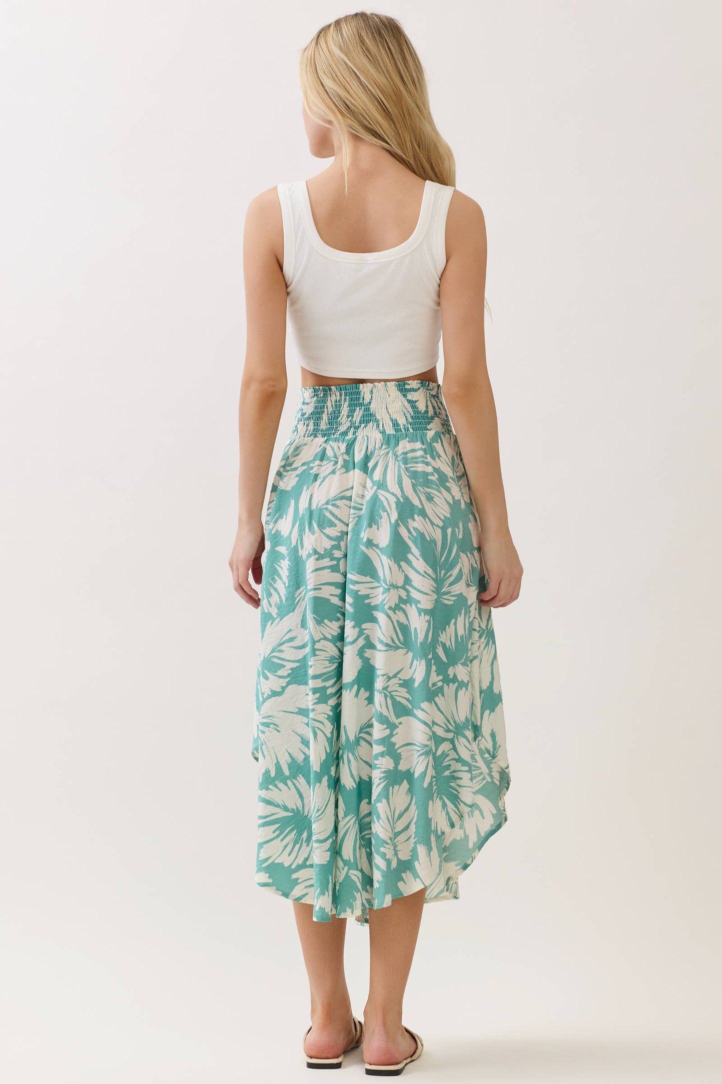 Sage Green Floral Waist Smocked Round Bottom Midi Skirt