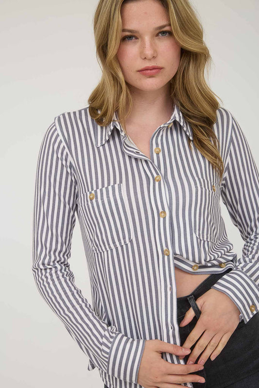 Charcoal Striped Collared Long Sleeve Button Down