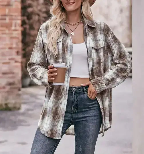 Coffee Oversized Loose Plaid Button Down