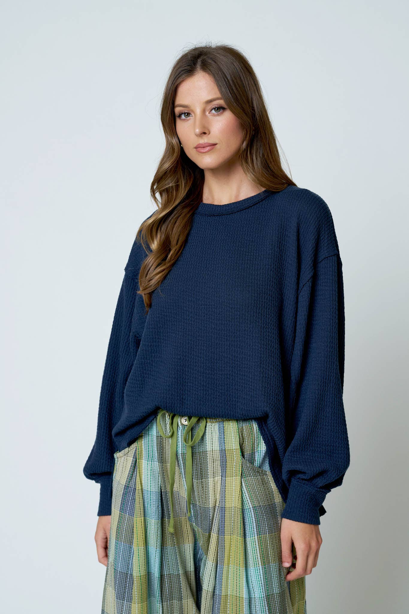 Navy - Textured Exposed Seam Oversized Knit Top