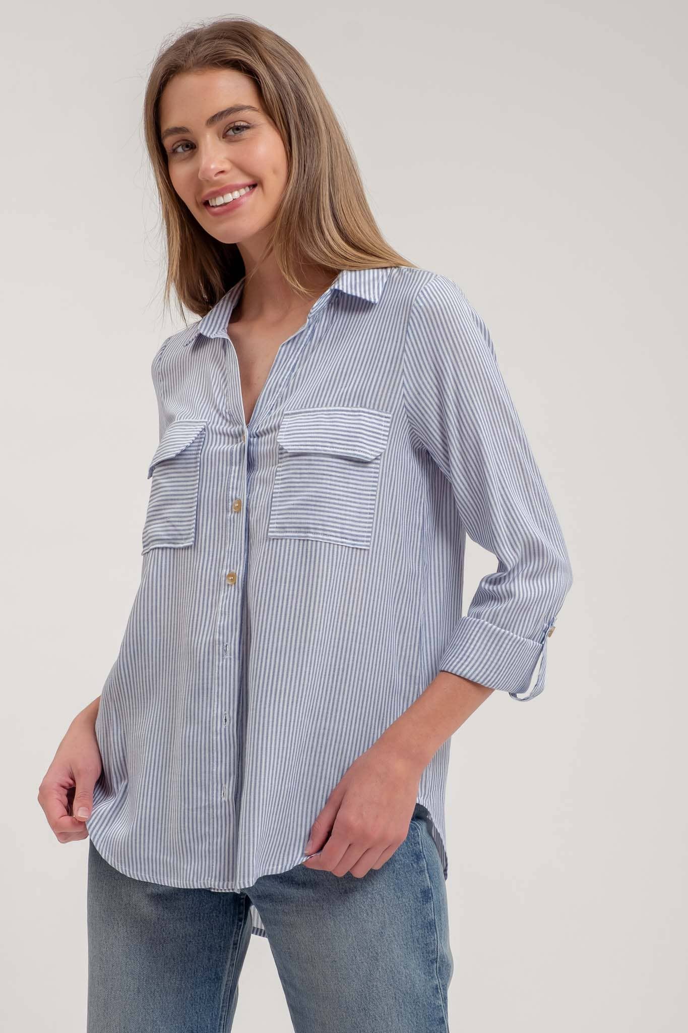 NAVY STRIPED COLLARED BUTTON DOWN WITH POCKETS
