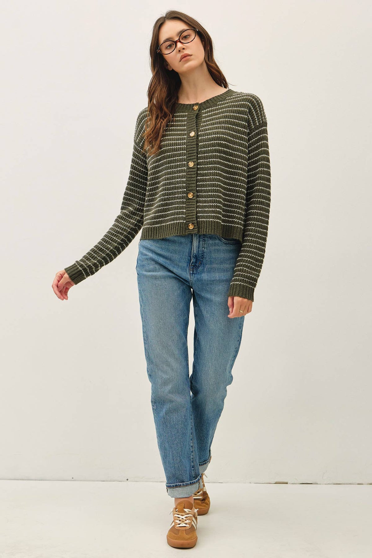 GREEN STRIPED WAFFLE KNIT BOXY CARDIGAN