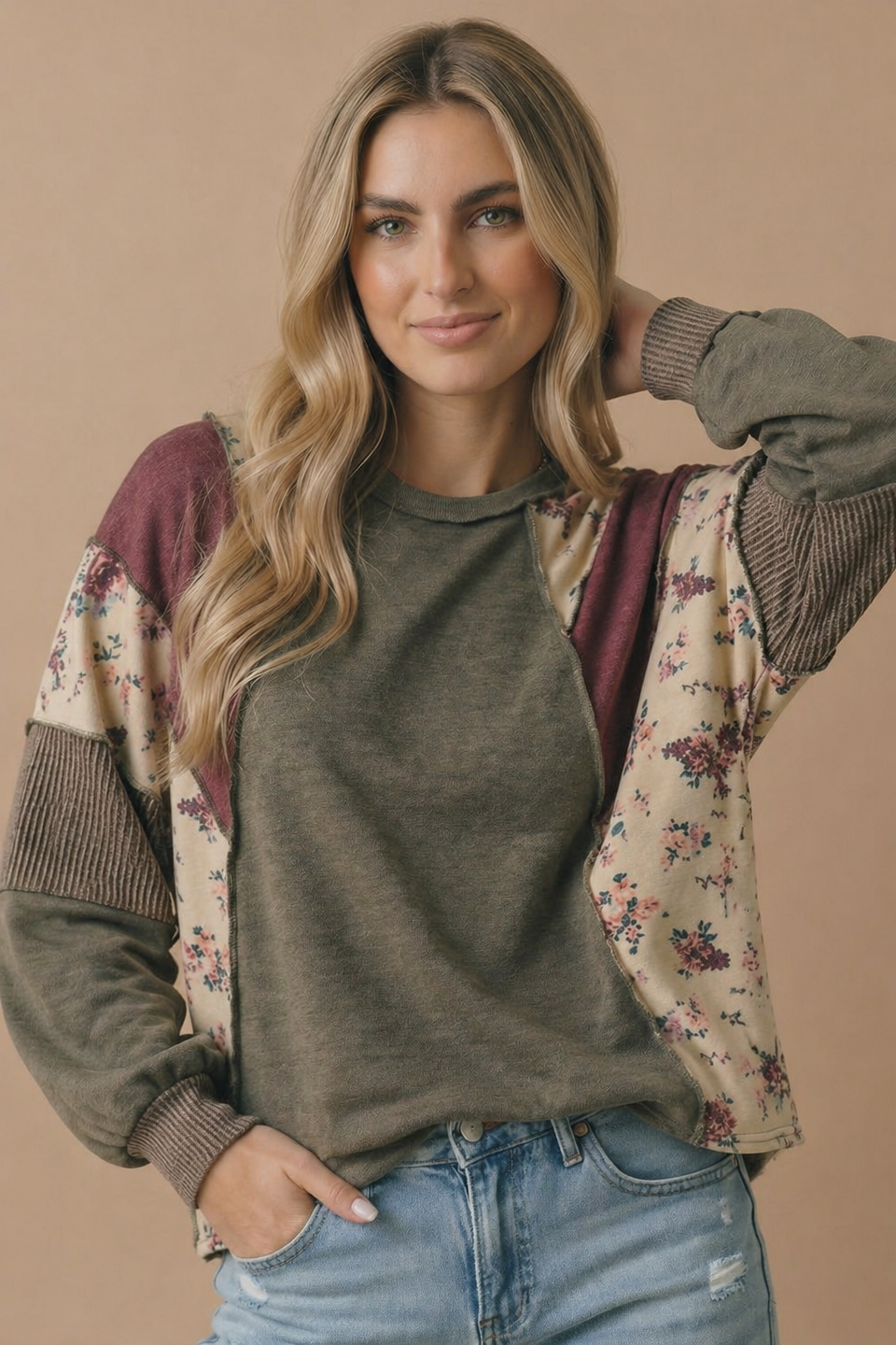Olive Mixed Media Patchwork Pullover Knit Top