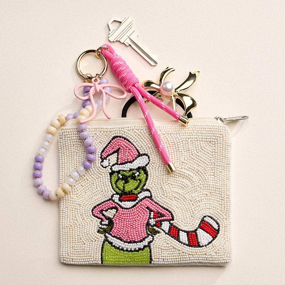 Christmas Grinch Beaded Mini Coin Pouch