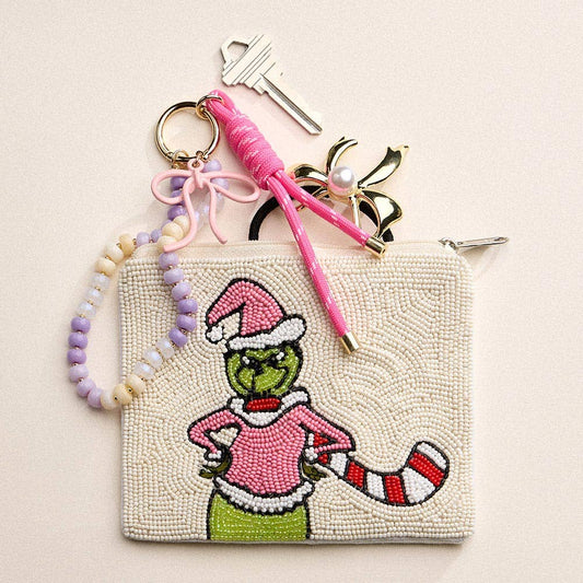 Christmas Grinch Beaded Mini Coin Pouch
