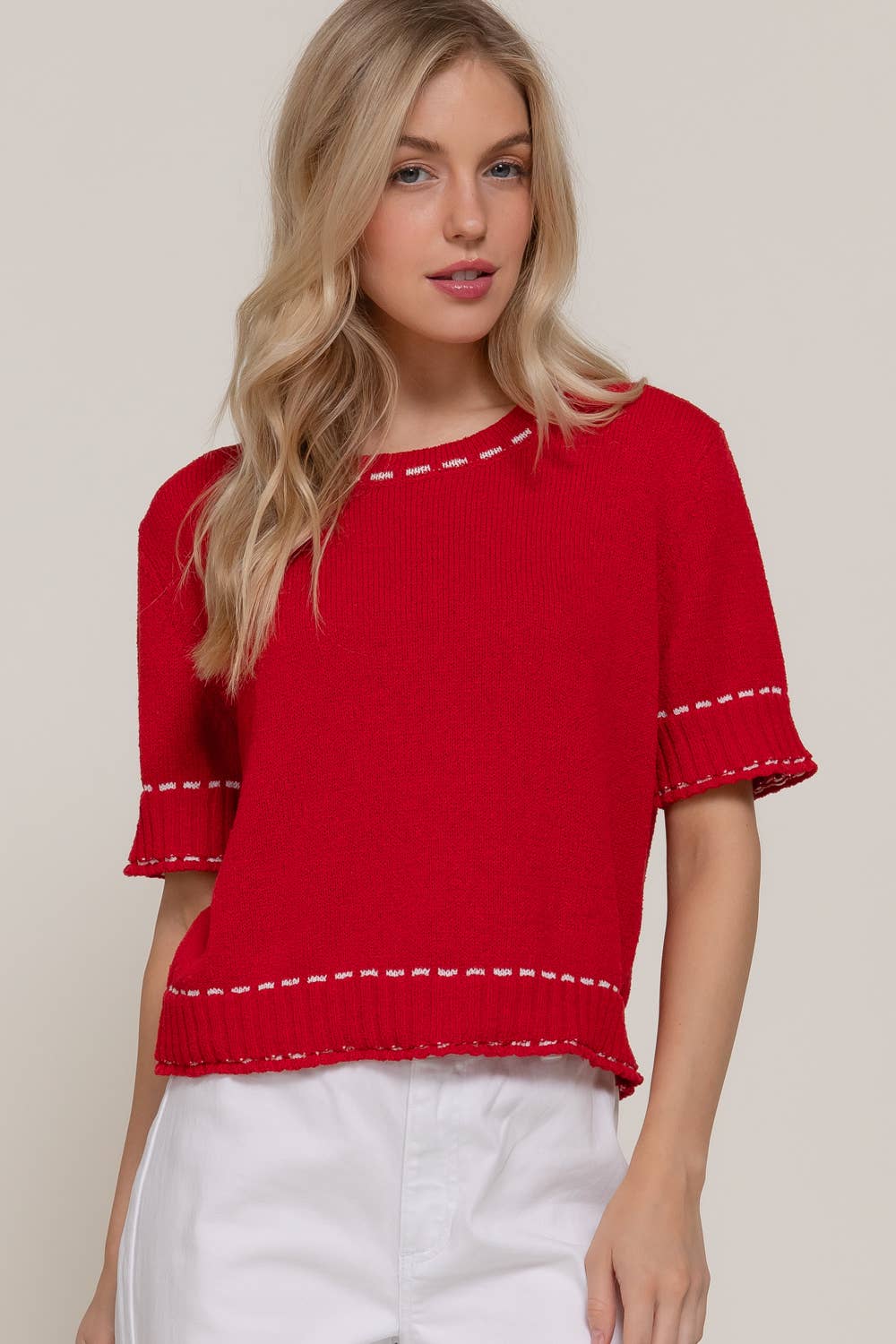 Red Contrast Stitch Short Sleeve Sweater