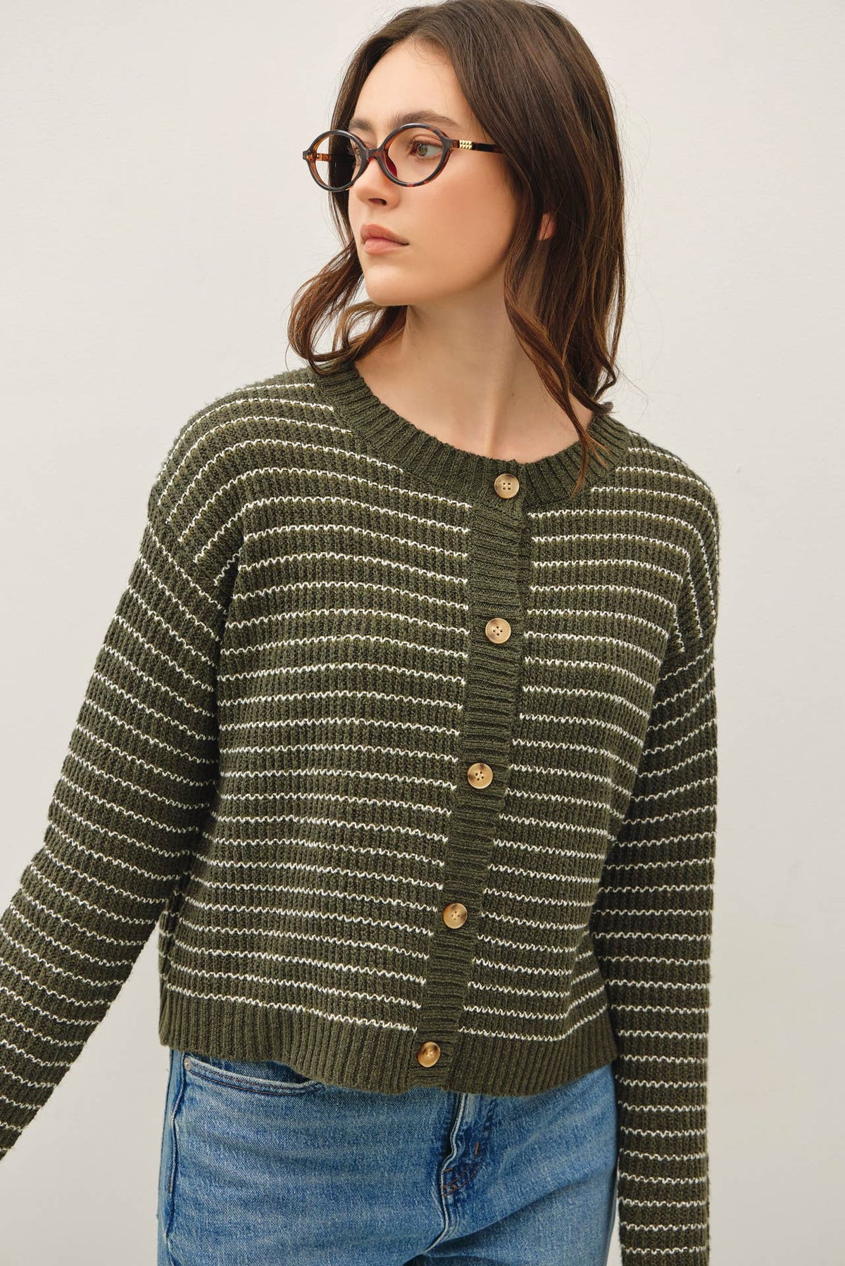 GREEN STRIPED WAFFLE KNIT BOXY CARDIGAN