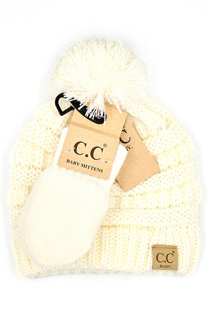Baby Pom Beanie and Mitten Glove Set